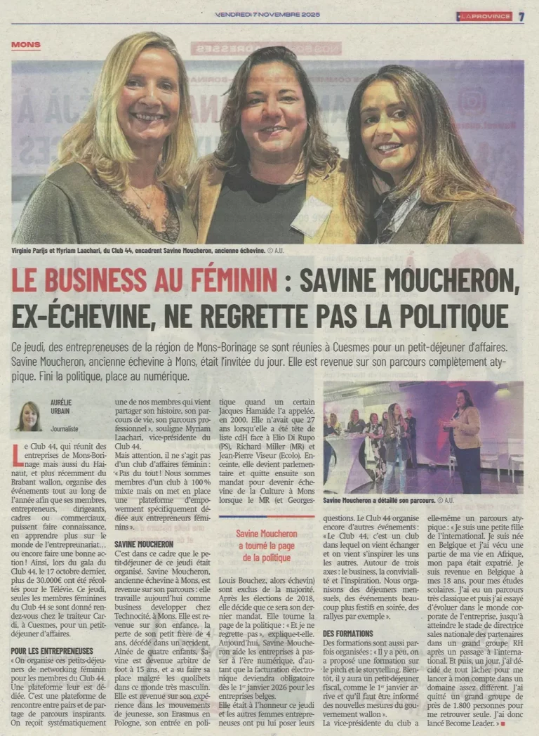 Le Business au féminin : Savine Moucheron, ex-échevinne, ne regrette pas la politique